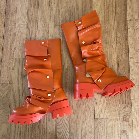 Sexy Tag Womens Orange Platform Slouchy Fold Over Boots Block Heel 6 - Picture 10 of 11